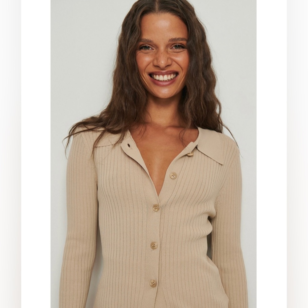 NA-KD Fashion Elegant Beige Ribbed Cardigan Size Small